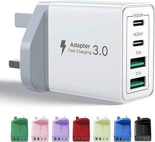 USB C Plug Fast Charge, 40W 4-Port Multi USB Charger Plug UK Dual Port PD Power Adapter +QC Wall plug Multiport Mains Type C Charging Plug for iPhone 17 16 15 14 13 12 11 Pro Max XS XR 8, Samsung, Pad